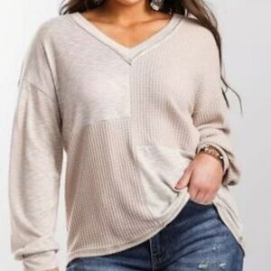 BKE Patchwork Mixed Media Thermal Oversized Top V-Neck Crisscross Back Straps L